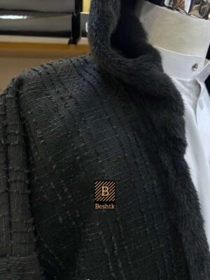 فروة سورية من صوف موهير الهندي الفاخر بفرو الأرنب الناعم..رصاصي زيتي