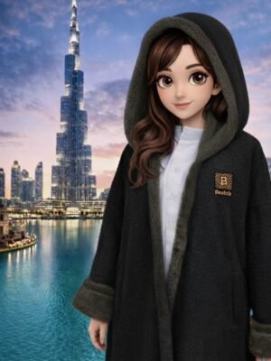 فروة سورية من صوف موهير الهندي الفاخر بفرو الأرنب الناعم..أسود